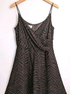90s Talbots Pure Silk Chiffon Midi Slip Dress Zebra Print Brown 12P Strappy Vtg